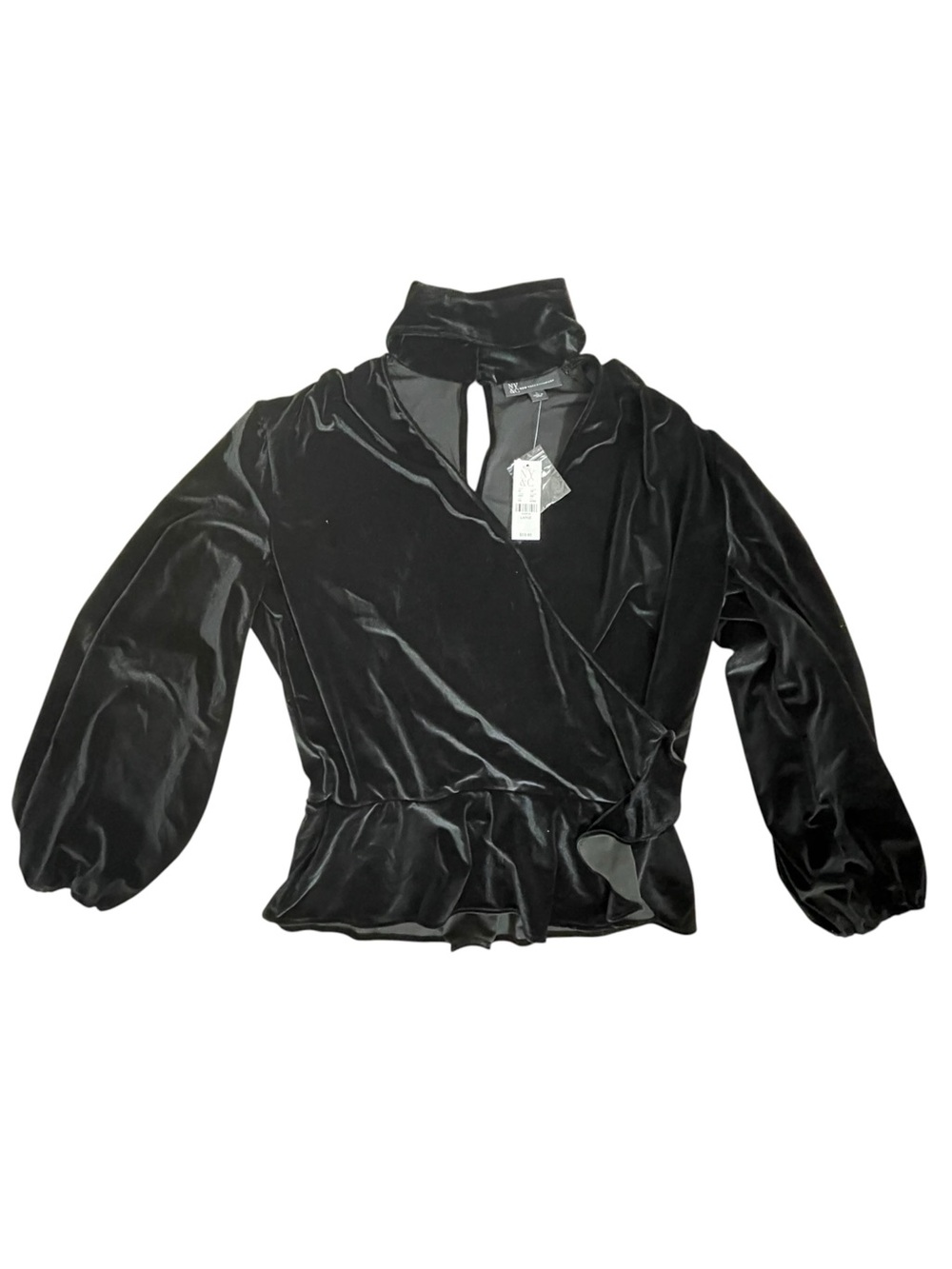 New York & Company Black Satin Mock Neck Ruffle Balloon Sleeve Blouse L